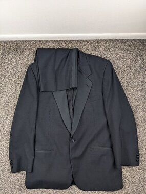 Vintage Perry Ellis 44R Tuxedo Suit Wool Black Satin Lapel 36x30 USA Made